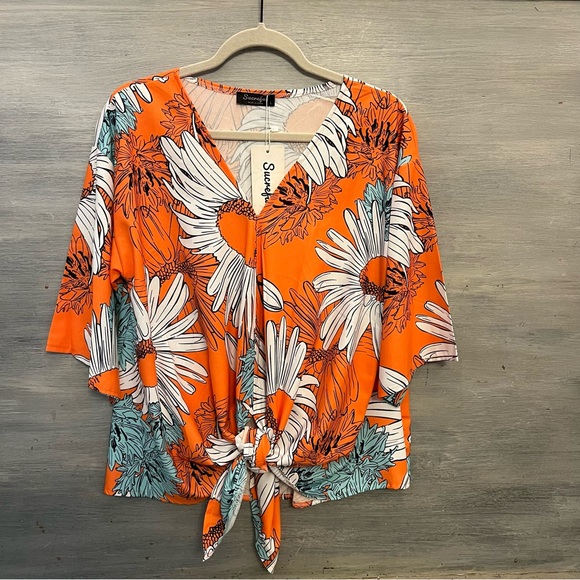Sucrefas Tops - Sucrefas Orange Large Daisy Print Front Tie Short Sleeve Blouse Large‎ NWT